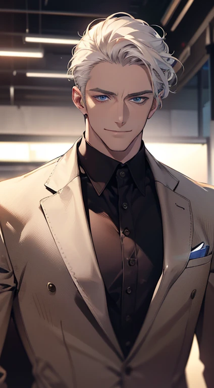 (best quality, masterpiece, 8K, photorealistic, cinematic lighting, hdr image, ultra detailed, beautiful image), 1 man, 3, mature man, very handsome, (without expression, smile), short white hair, blue eyes ( penetrating gaze), perfect face without errors, imposing posture, without errors, businessman, office background