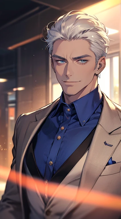 (best quality, masterpiece, 8K, photorealistic, cinematic lighting, hdr image, ultra detailed, beautiful image), 1 man, 3, mature man, very handsome, (without expression, smile), short white hair, blue eyes ( penetrating gaze), perfect face without errors, imposing posture, without errors, businessman, office background
