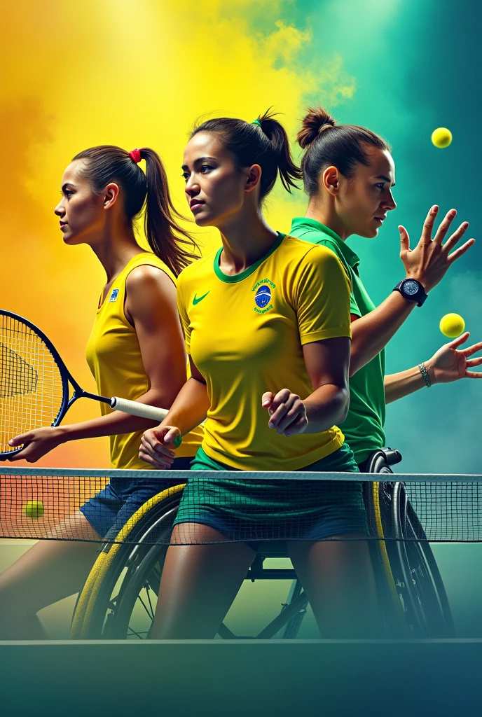 Create an image with Brazilian Paralympic athletes, only with tennis player, badminton and table tennis. The 3 athletes side by side