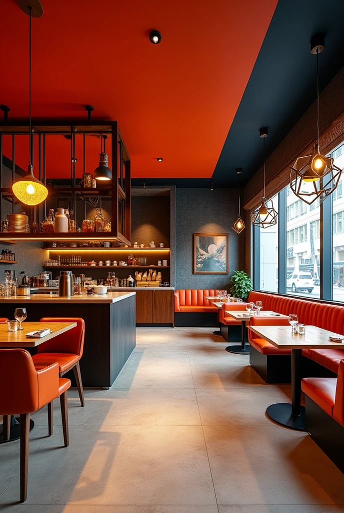 I want a chicken and pizza restaurant with striking, modern decor and modern colors in a space 10 meters long and 6 meters wide.