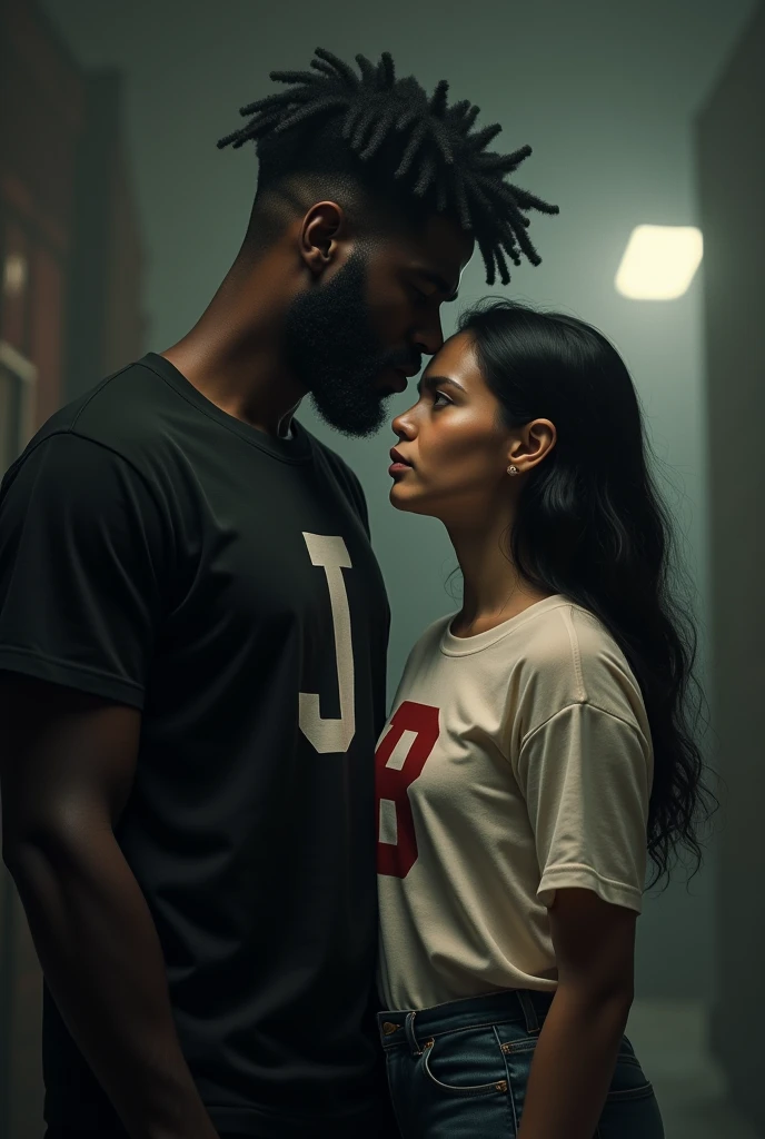 Dark-skinned man with a letter J on his shirt, a small white woman with a letter B on her shirt