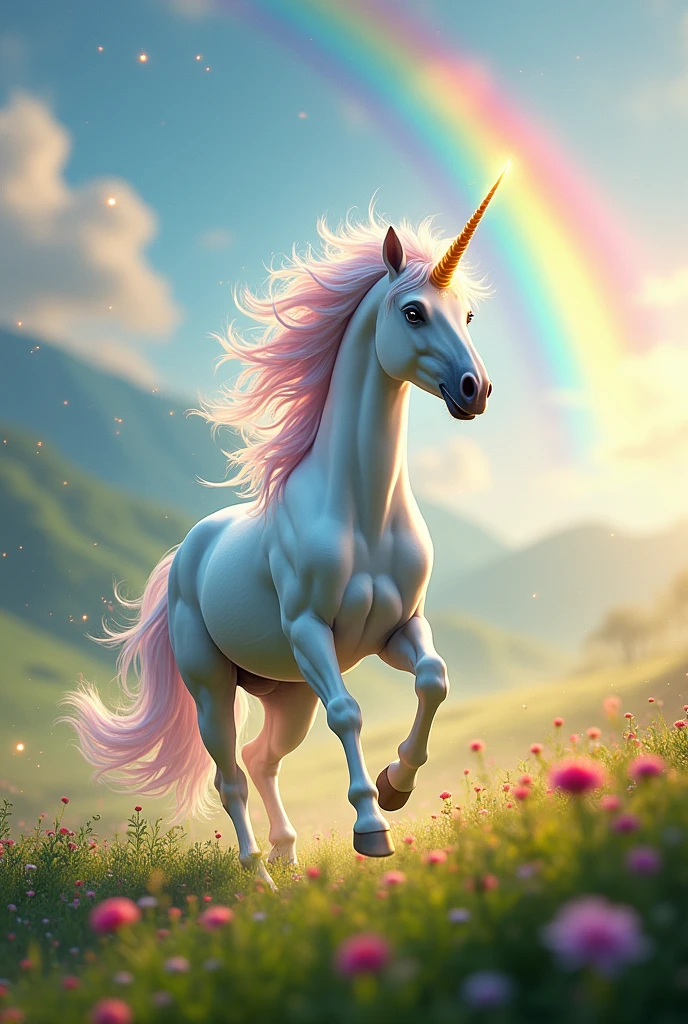 A unicorn with rainbow hair and white skin running through a colorful field full of rainbows