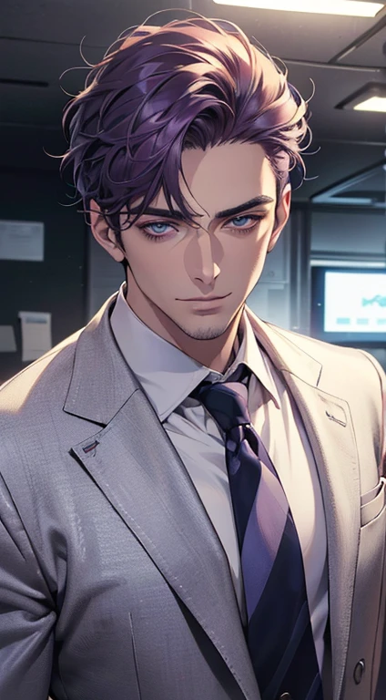 (best quality,4k,8k,highres,masterpiece:1.2),ultra-detailed,(realistic,photorealistic,photo-realistic:1.37),1 man,3,mature man,very handsome,without expression,smile,short purple hair,blue eyes,penetrating gaze,perfect face without errors,imposing posture,businessman,office background,cinematic lighting,hdr image