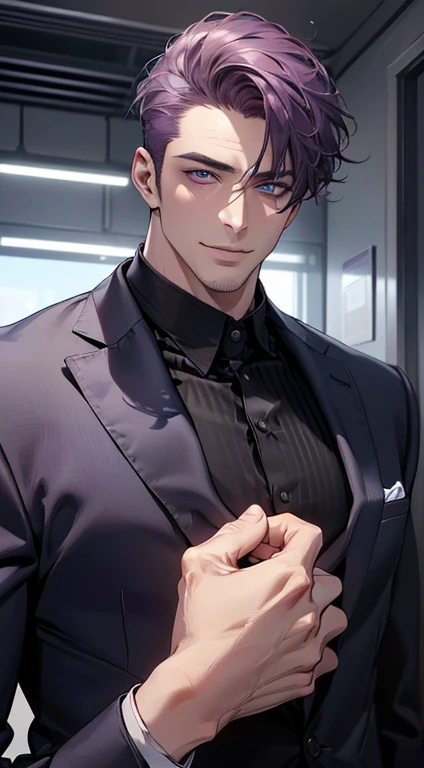 (best quality,4k,8k,highres,masterpiece:1.2),ultra-detailed,(realistic,photorealistic,photo-realistic:1.37),1 man,3,mature man,very handsome,without expression,smile,short purple hair,blue eyes,penetrating gaze,perfect face without errors,imposing posture,businessman,office background,cinematic lighting,hdr image