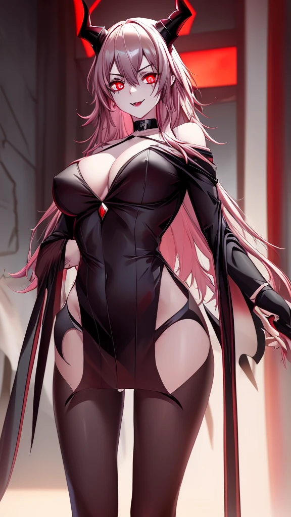 demonic girl with horns, perfect body proportions, glowing red eyes, evil smile, the grim reaper, dark red demon, NSFW, no clothes, evil glow, helltaker, dark art style, best quality, 8k, detailed, ray tracing, depth of field, cinematic lighting, devil, demon, masterpiece, top-quality, ultra-detailliert, Vampires, 18+, Devil frame