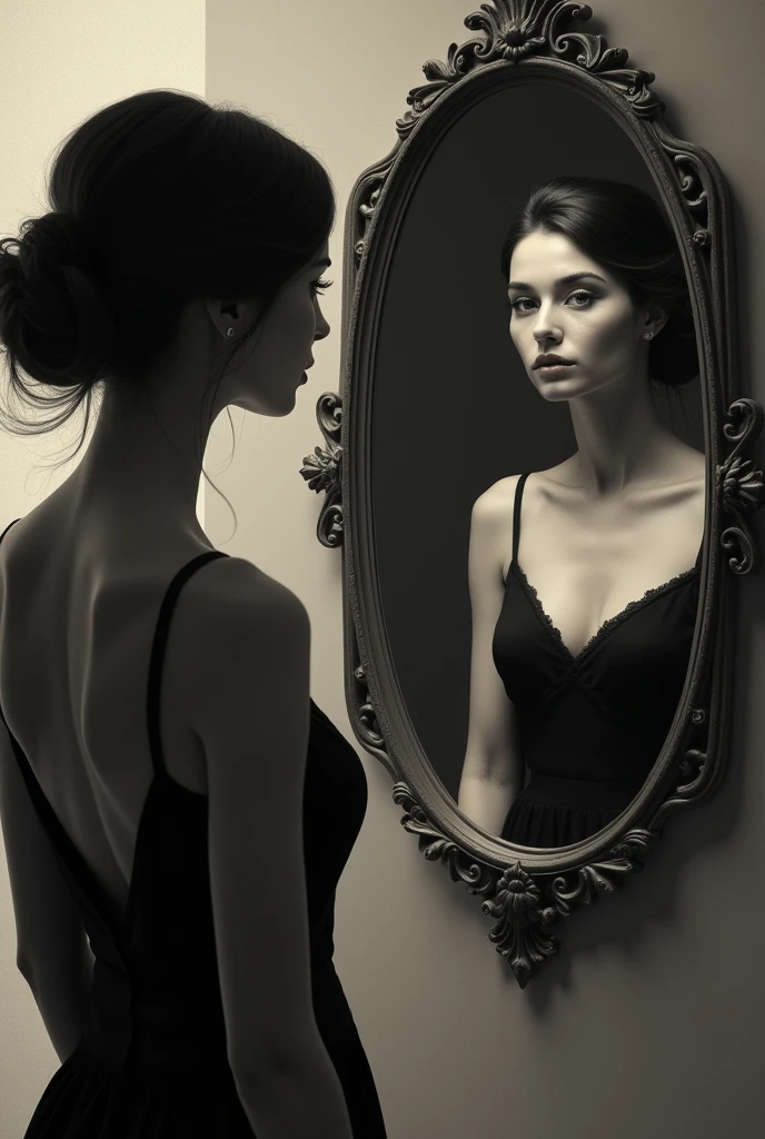 woman looking at herself in the mirror, fully body, whose reflection has the effect of a photographic negative 