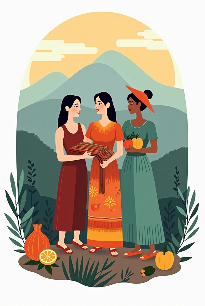Create a logo for the women's association with the following characteristics: 3 Women united in different roles, crafts and tourism. Feminine and the name "Association of Women of the Sierra Nevada of Santa Marta"