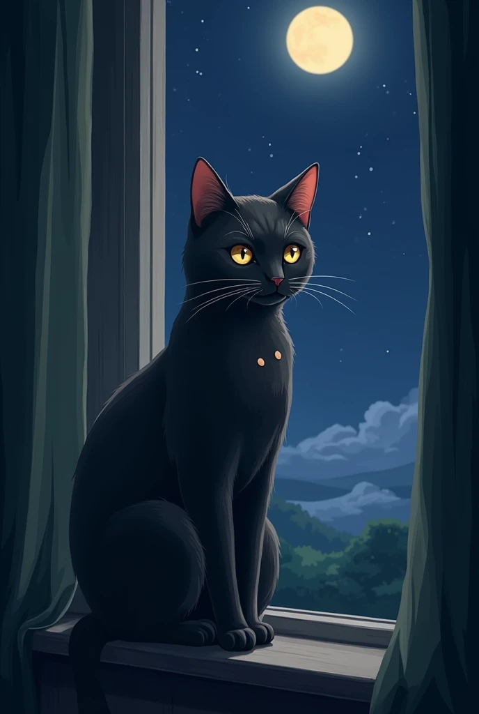 I want a mobile wallpaper that has a dark grey cat with small beige spots on its face, I would like the background to be a window at night or something that reflects peace, I would like the drawing style to be like Studio Ghibli, I want the drawings to be detailed and that when you see it, it reflects nostalgia and peace.. I would like the image to have a more adult style, not so 