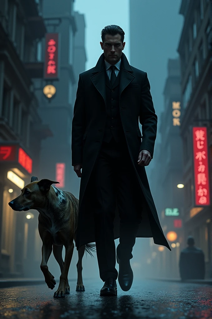 A tall man, cool black hair, black overcoat walking down the streets of a dark city next to a large black and white spotted dog.