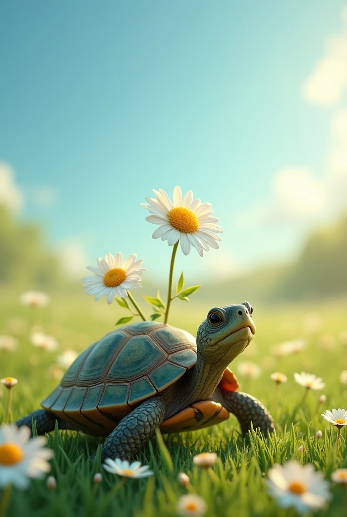 In the foreground a turtle with a daisy flower, In the background green grass with many small daisy flowers, radiant blue sky 
