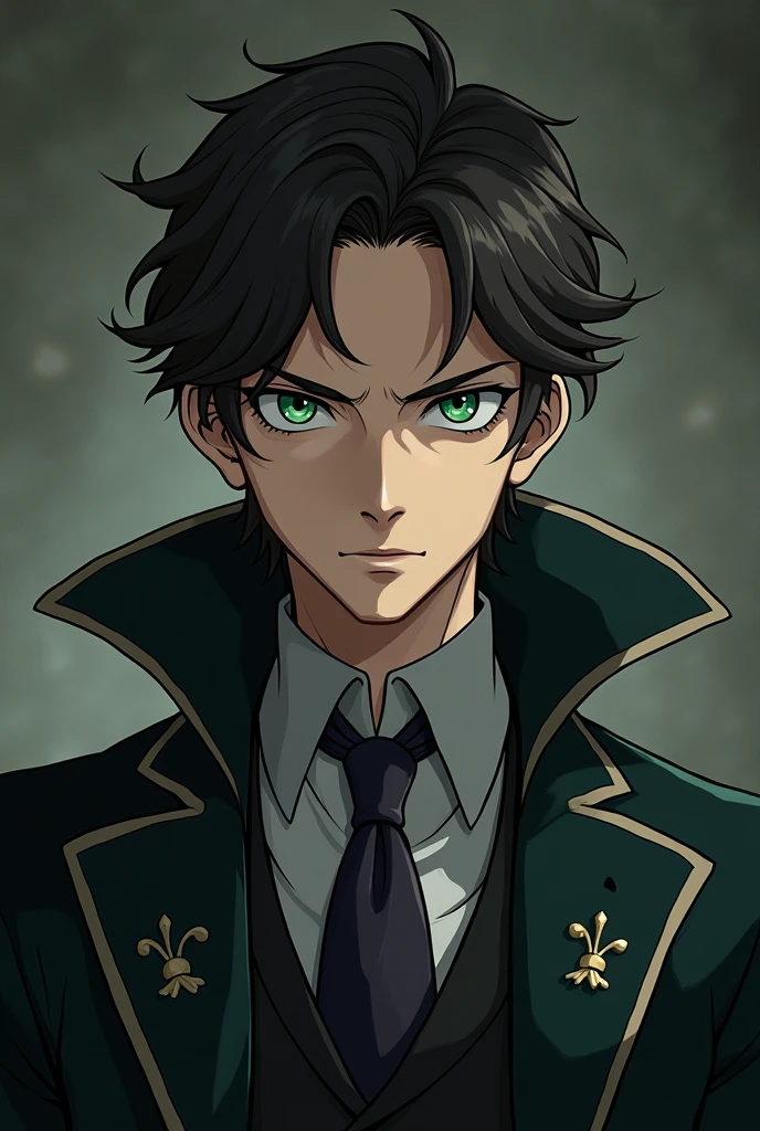 Portrait in a an anime style (like in the Vampire Hunter D movie) of a young noble Alchemist man with dark gothic style and brown hair with a beard in his 30's. He's wearing all grey clothes and have deep green eyes