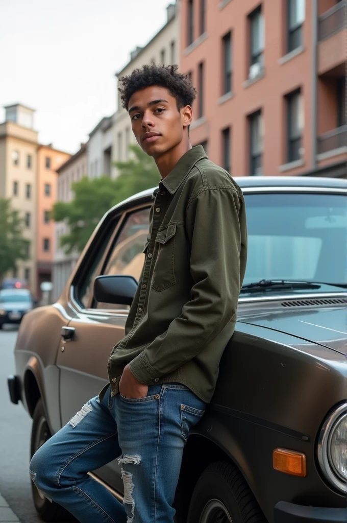 A young man leans against a Ford Maverick in the city