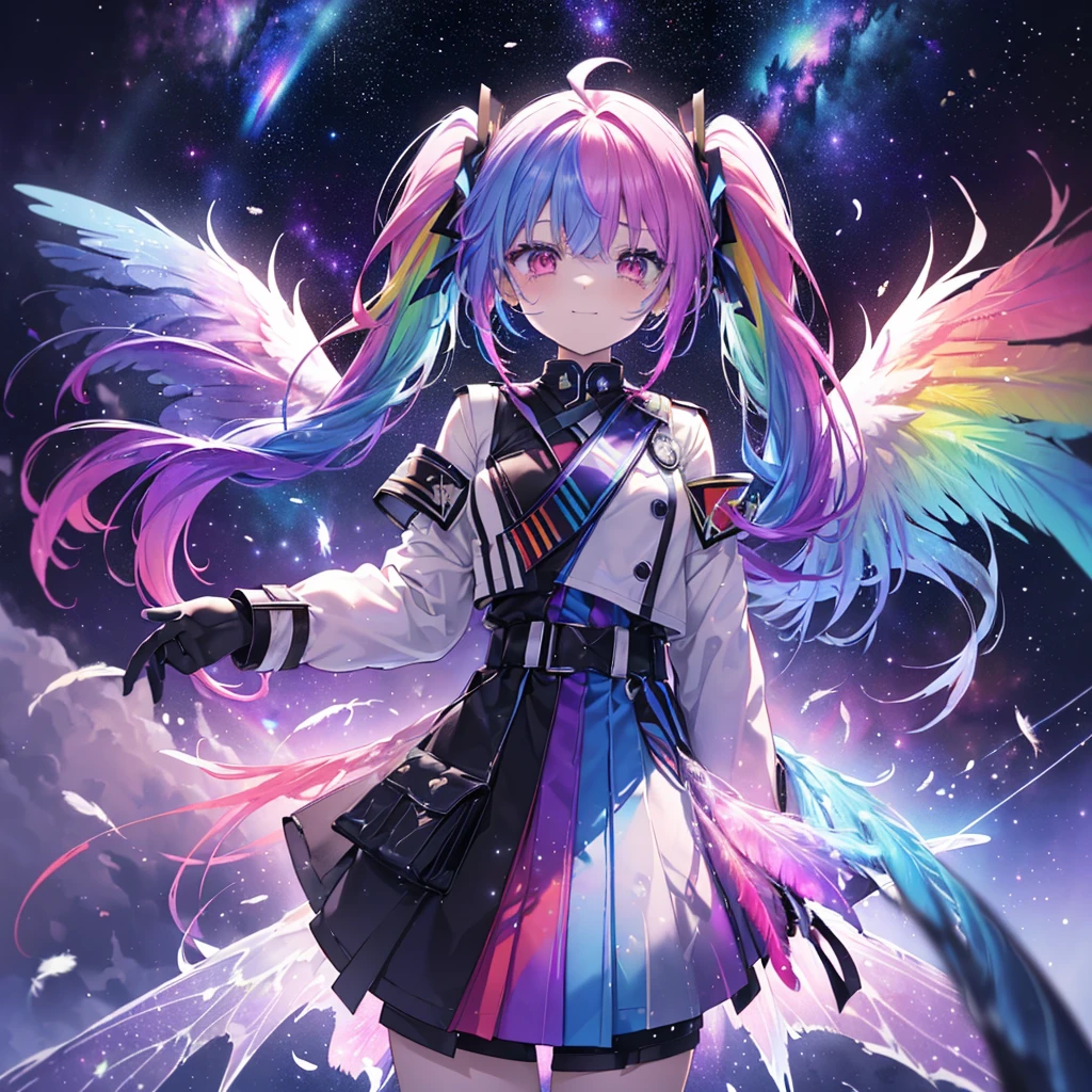 ((Archangel Fantasy Rainbow Hair Dye the inside of your hair rainbow colors Twin tails Dull red eyes There is a galaxy uniform Put on a coat without putting your arms through it Wings many times larger than mine rainbow gradient feathers Lonely Smiling Kindly front)) ((tears gloves)) (Broken glass Rolling Pebble Distorted Space-Time star) Catch the wind milky way Shining Background Particles of light, rainbow colored edges star