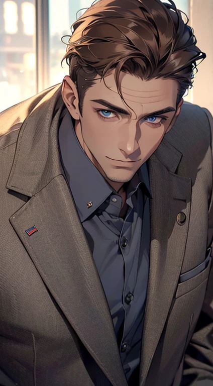 (best quality,4k,8k,highres,masterpiece:1.2),ultra-detailed,(realistic,photorealistic,photo-realistic:1.37),1 man,3,mature man,very handsome,without expression,smile,short grey brown hair,blue eyes,penetrating gaze,perfect face without errors,imposing posture,businessman,office background,cinematic lighting,hdr image