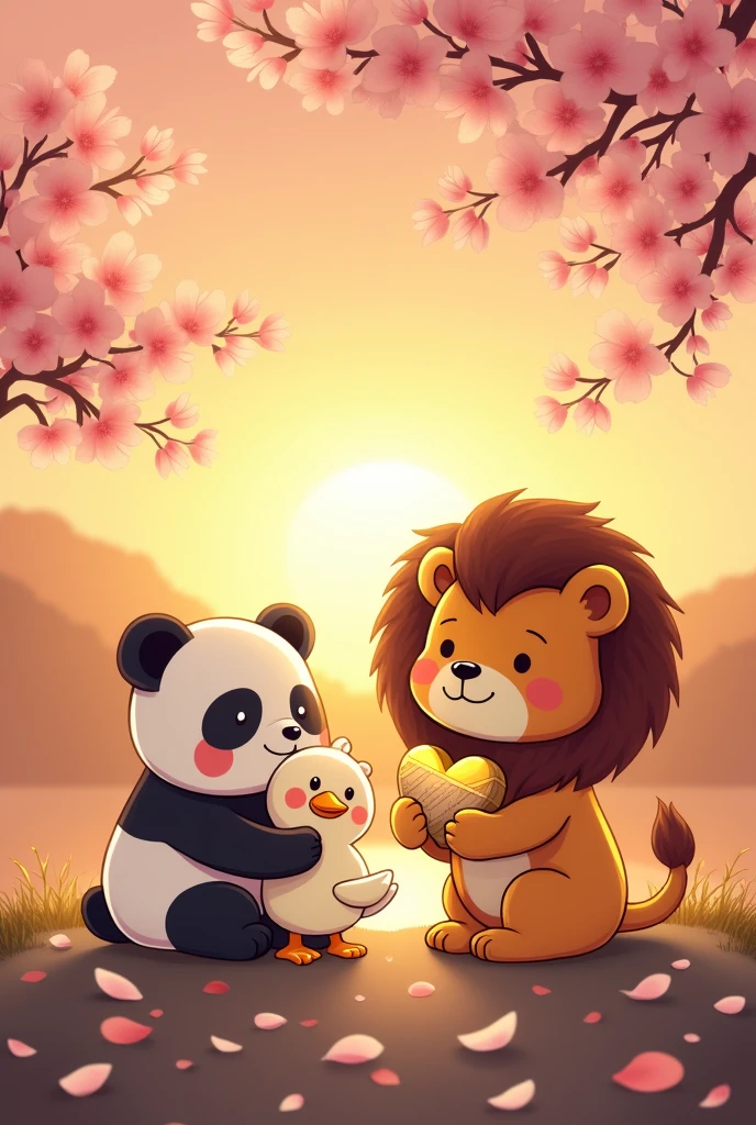 A panda and a duck hugging , a young lion with a mane holding a broken golden heart with a bandage, at sunset in korea with cherry blossoms. I want a kwai drawing