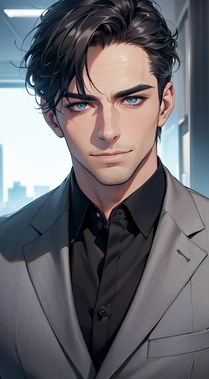 (best quality,4k,8k,highres,masterpiece:1.2),ultra-detailed,(realistic,photorealistic,photo-realistic:1.37),1 man,3,mature man,very handsome,without expression,smile,short grey black hair,blue eyes,penetrating gaze,perfect face without errors,imposing posture,businessman,office background,cinematic lighting,hdr image