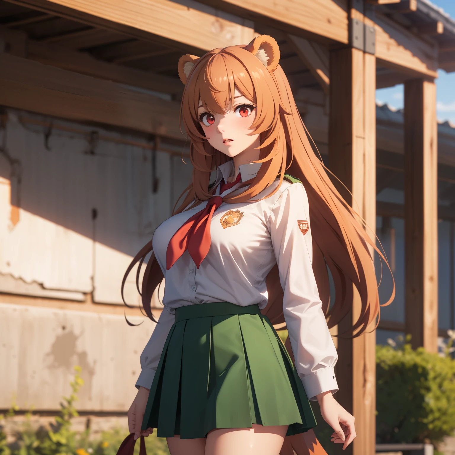 Raphtalia, woman 22 orange-blond hair , bear ears, Red eyes como rubíes. Red eyes, confused expression, big breasts. white school shirt, short green skirt. background a school. uniform
