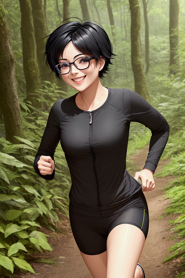woman smiling, with glasses, short black hair running in the forest