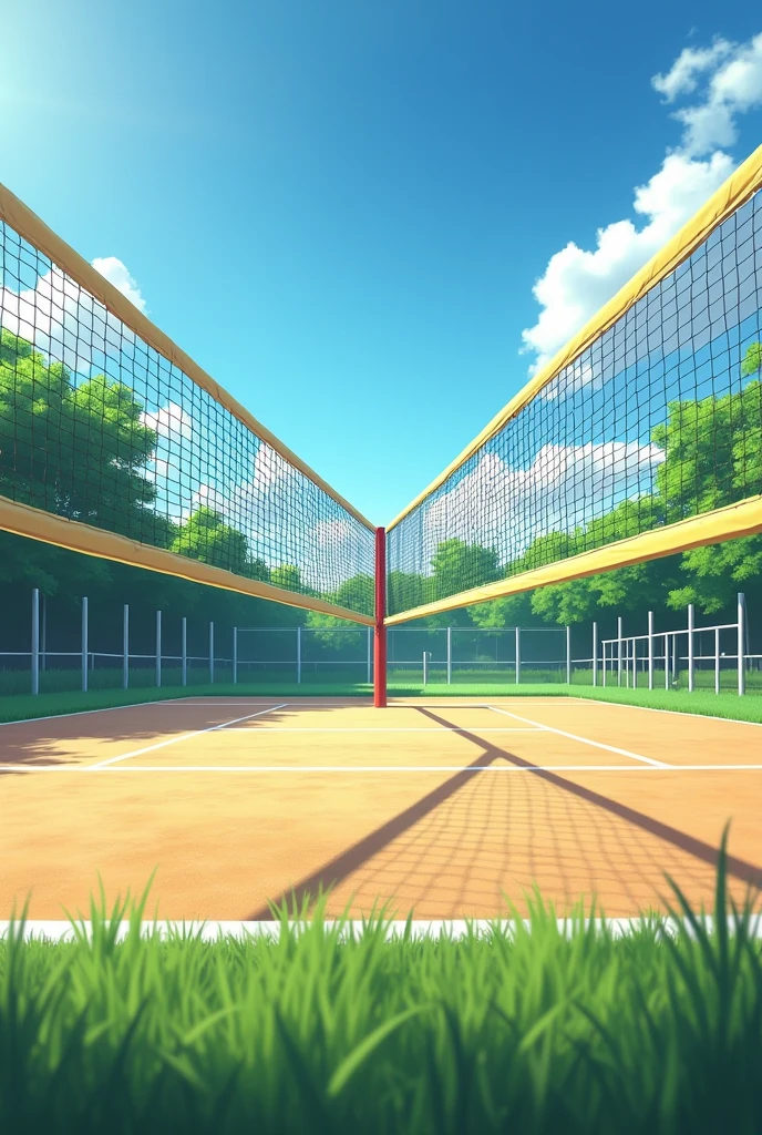 a volleyball court where in the center there is a horizontally placed mesh and another vertically placed mesh with a height of 2 meters