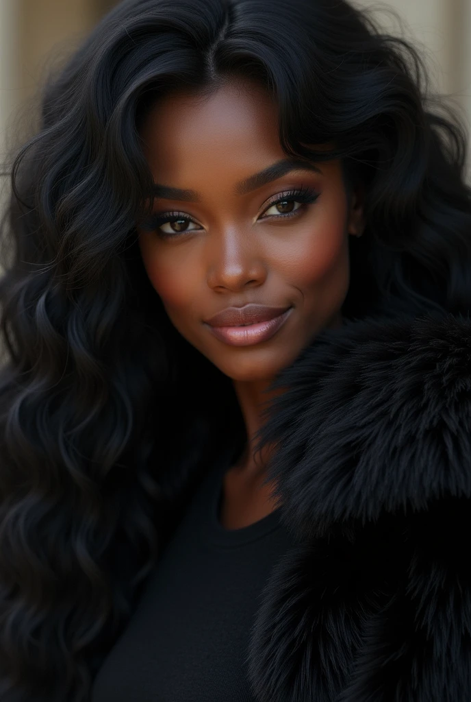 women, black fur,dark brown eyes,Brown skin,smiling, ropa aethetick,pink lips,Very beautiful and almost like a goddess
