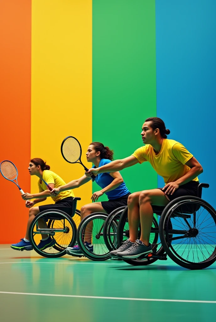 Create an image with Brazilian Paralympic athletes, only with tennis player, badminton and table tennis. The 3 athletes side by side. They should not show the athletes' faces