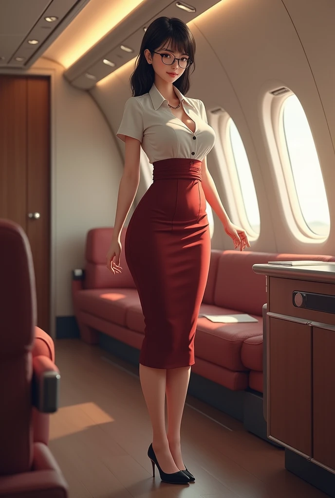 Japanese milf airhostess big boobs and glasses wearing black heels