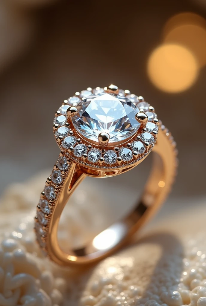 A gold engagement ring with a white diamond and small diamonds around it