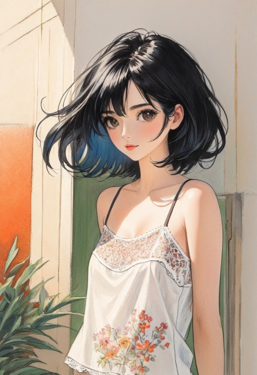 female,Short camisole,White,black hair,Art,AD,Color pencil drawing,Draft drawing