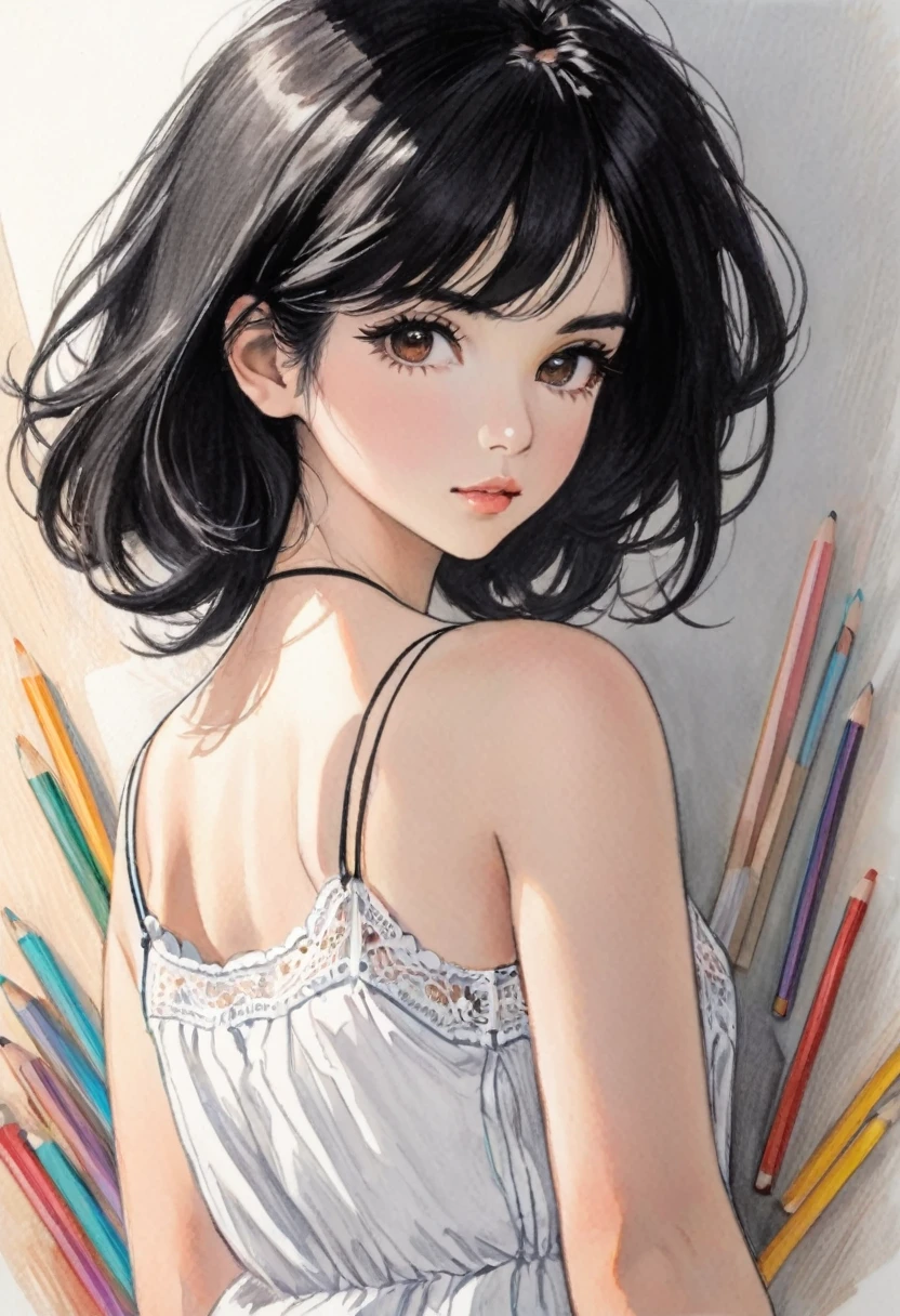 female,Short camisole,White,black hair,Art,AD,Color pencil drawing,Draft drawing