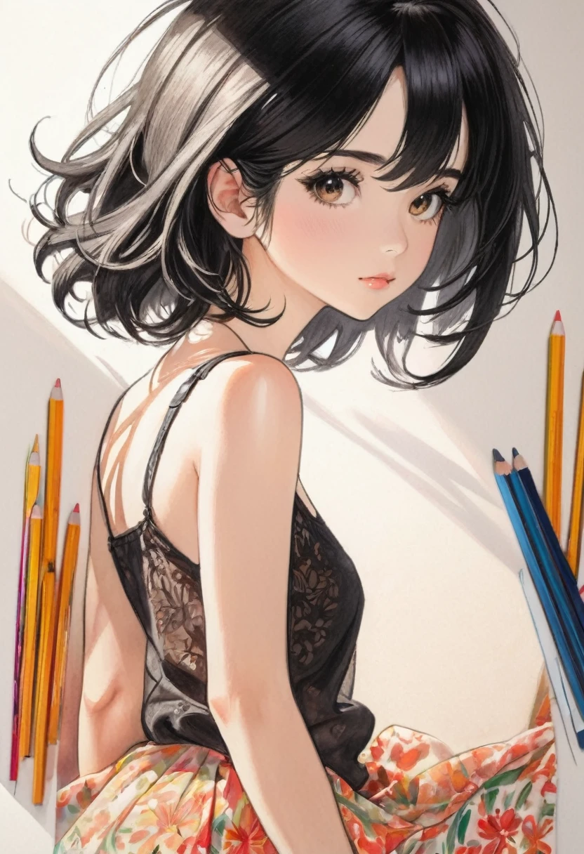 female,Short camisole,White,black hair,Art,AD,Color pencil drawing,Draft drawing