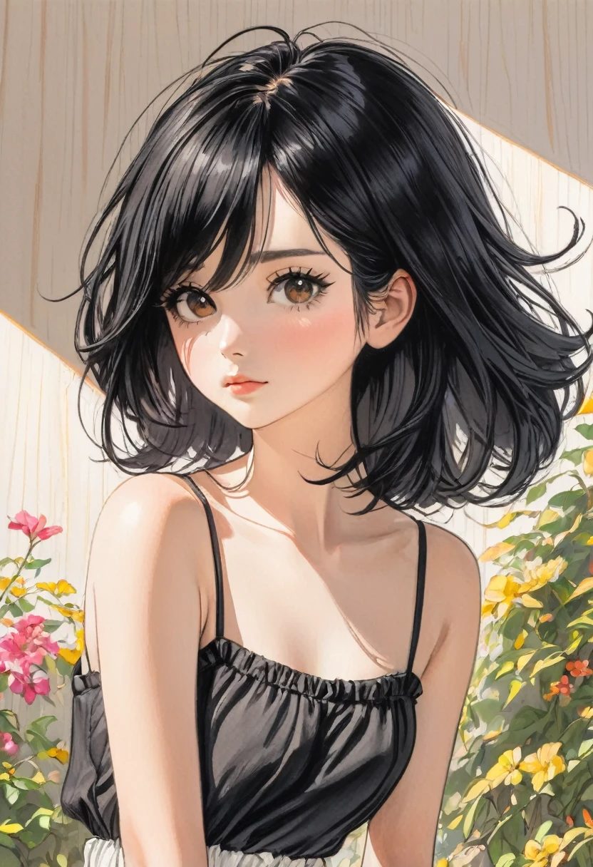  female，Short camisole，White，black hair,Art，AD，Color pencil drawing，Draft drawing 