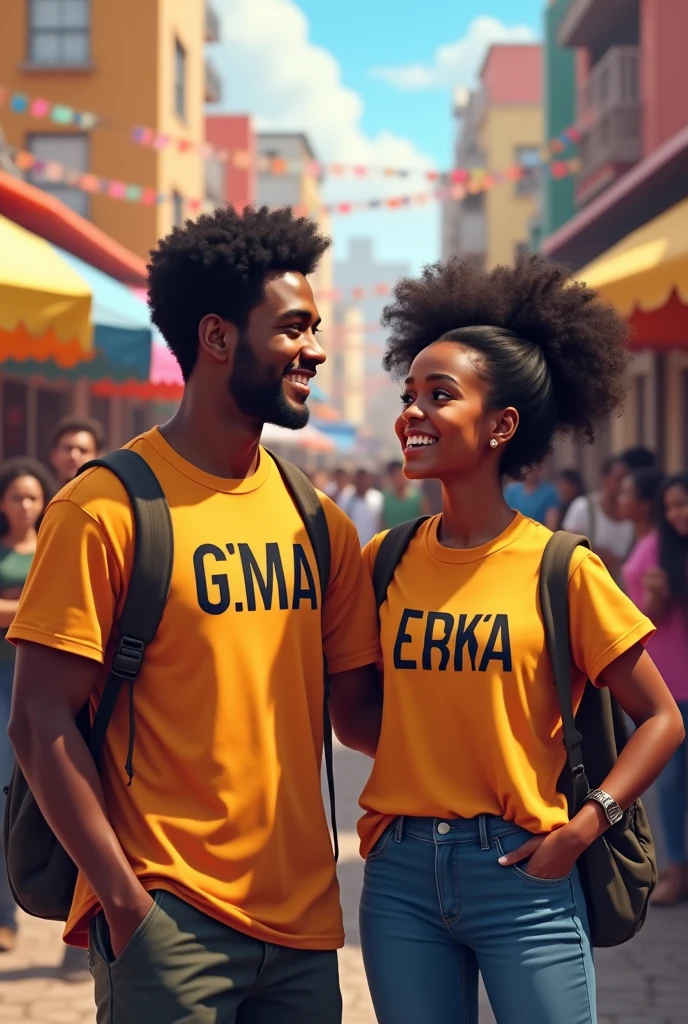 Dark-skinned man with a letter J on his shirt, a small white woman with a letter B on her shirt, cheered up