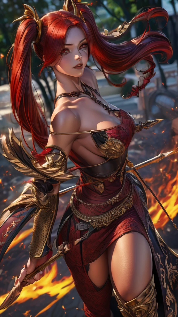 (detailed background,dark fantasy),(beautiful detailed face),(1 girl,solo,red hair,sharp face,low twintails,golden eyes,hair between eyes,dynamic angle),full body,bow,archer,flying arrows,genshin impact,Yoimiya