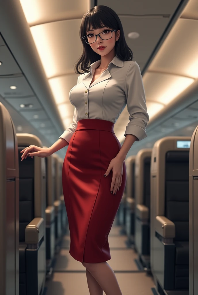Japanese milf airhostess big boobs and glasses wearing black heels