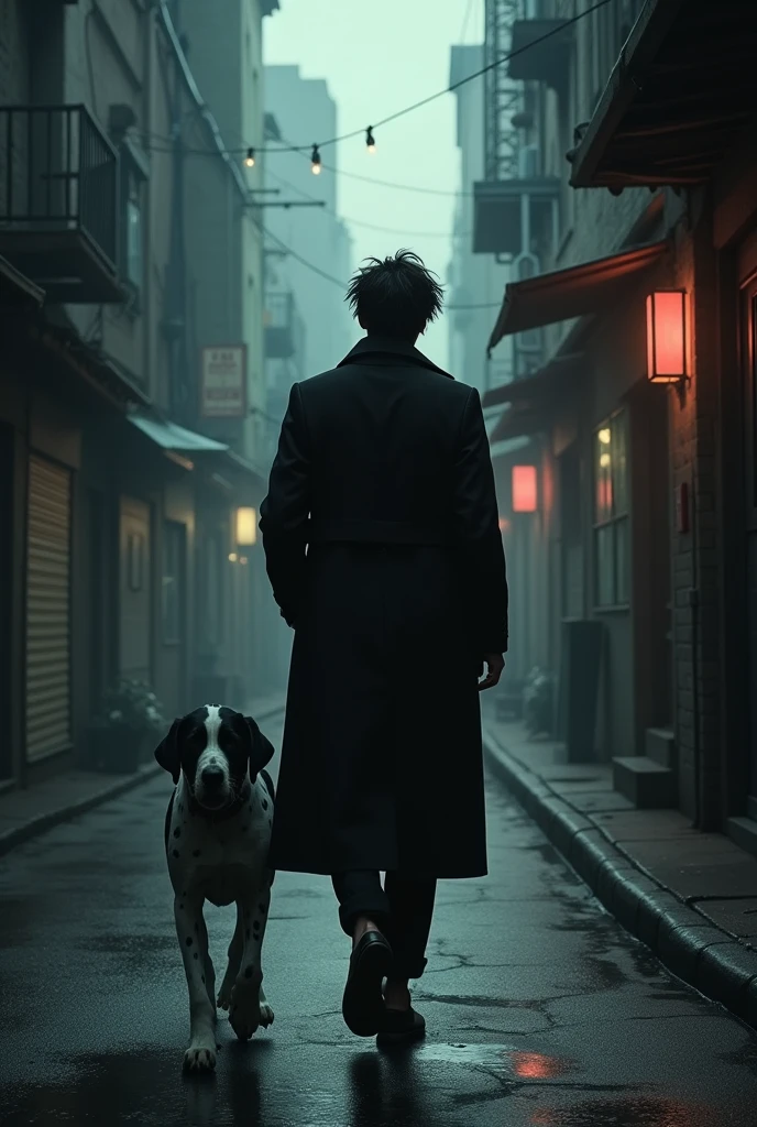 A tall man, cool black hair, black overcoat walking down the streets of a dark city next to a large black and white spotted dog. Messy hair, jovial. The dog is black and white.