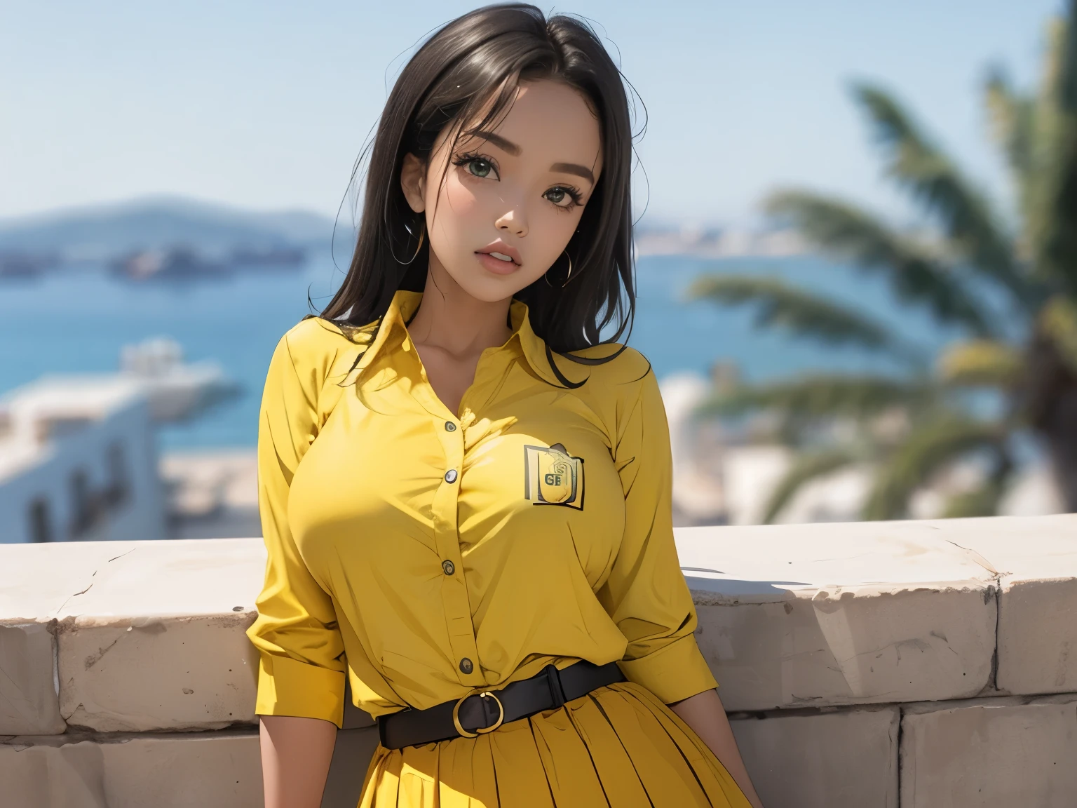 black_hair, blurry, blurry_background, blurry_foreground, bokeh, big breasts, green_eyes, button_gap, buttons, cleavage, yellow_collared_shirt, skirt, cosplay_photo, depth_of_field, big_breasts, lips, greek port