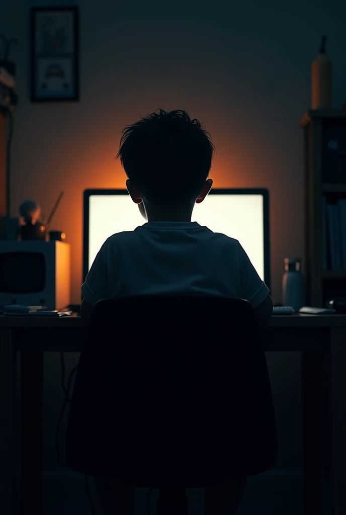 Frame: Wide shot of a dark room, with only the glow of the computer screen lighting up the space.Lighting Angle: Use a single source of light from the computer screen to cast shadows around the room, highlighting the boy’s silhouette.Camera Angle: Low angle from behind the boy, showing his back and the computer screen in front of him.