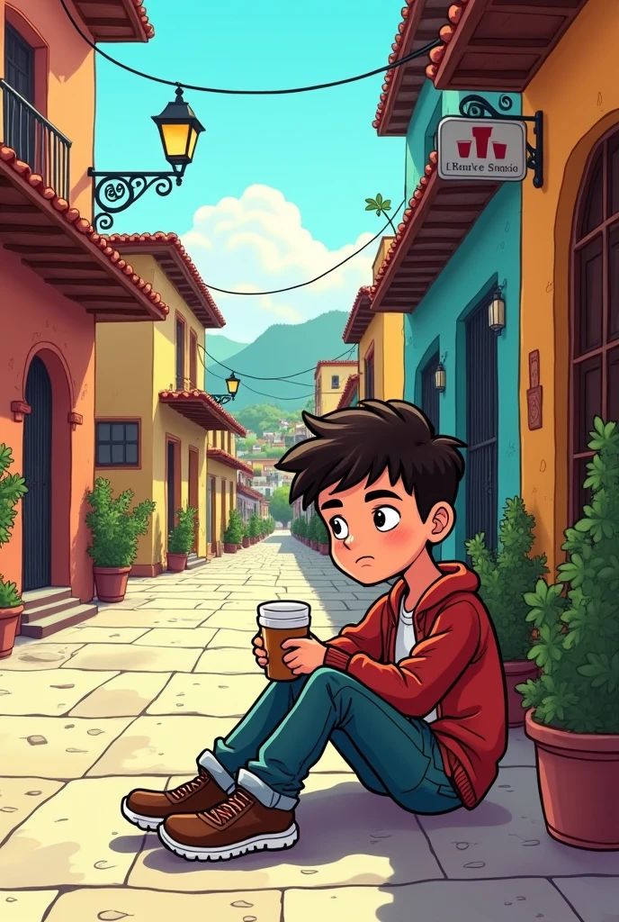 Simple cartoon drawing, not very difficult to draw, of a teenager in a state of drunkenness on the street of an indigenous town in Mexico sitting on the sidewalk