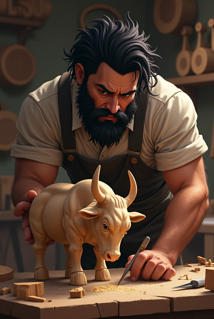 Black haired man building a wooden bull

