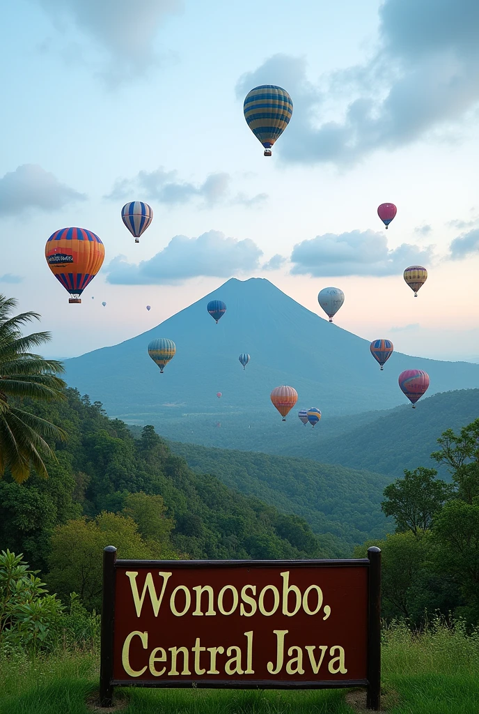 The view of Mount Sindoro, Wonosobo Regency, Central Java, is beautiful, very green and there are flying balloons and there is a large sign WONOSOBO, CENTRAL JAVA