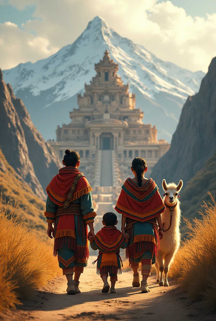 Peruvian Inca family and llama walking towards Inca Temple