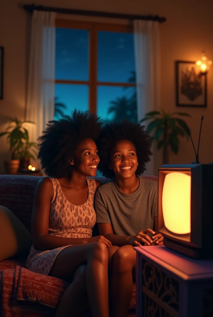 Two friends A black guy and a white American guy happy smiling watching an old tv movie in Mozambique Africa night
