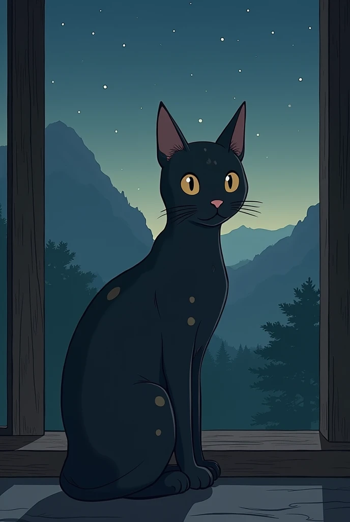I want a mobile wallpaper that has a dark grey cat with small beige spots on its face, I would like the background to be a window at night or something that reflects peace, I would like the drawing style to be like Studio Ghibli, I want the drawings to be detailed and that when you see it, it reflects nostalgia and peace.. I would like the image to have a more adult style, not so . The cat should be seen in full length and in proportion to the background.