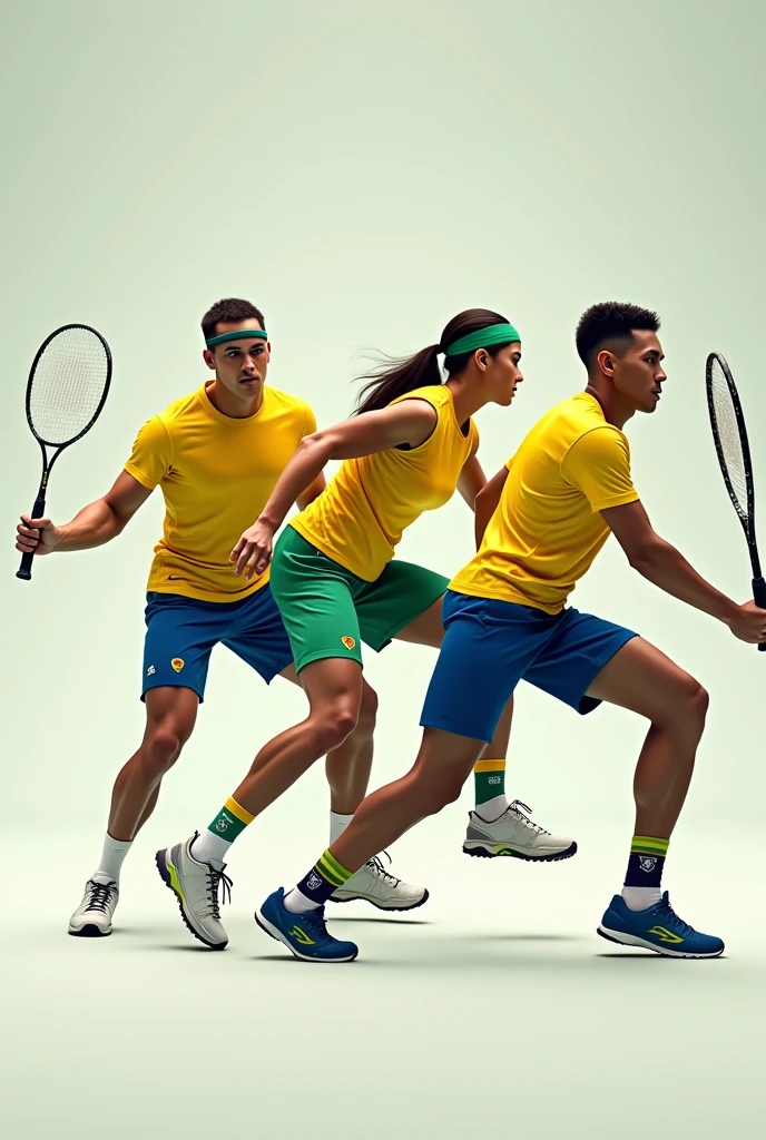 Create an image with Brazilian Paralympic athletes, only with tennis player, badminton and table tennis. The 3 athletes side by side and do not show their faces