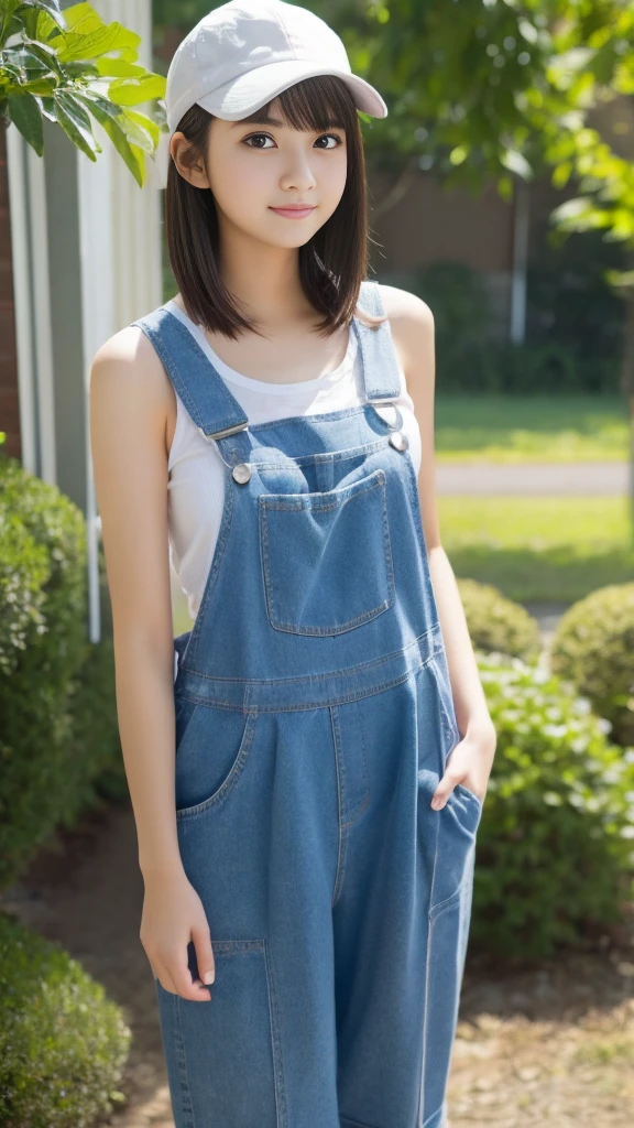  female high school student、overalls over tanktop、hunting cap、short hair、high detail、High level image quality、Camera shooting from a high position、look at the camera、fullbody shot