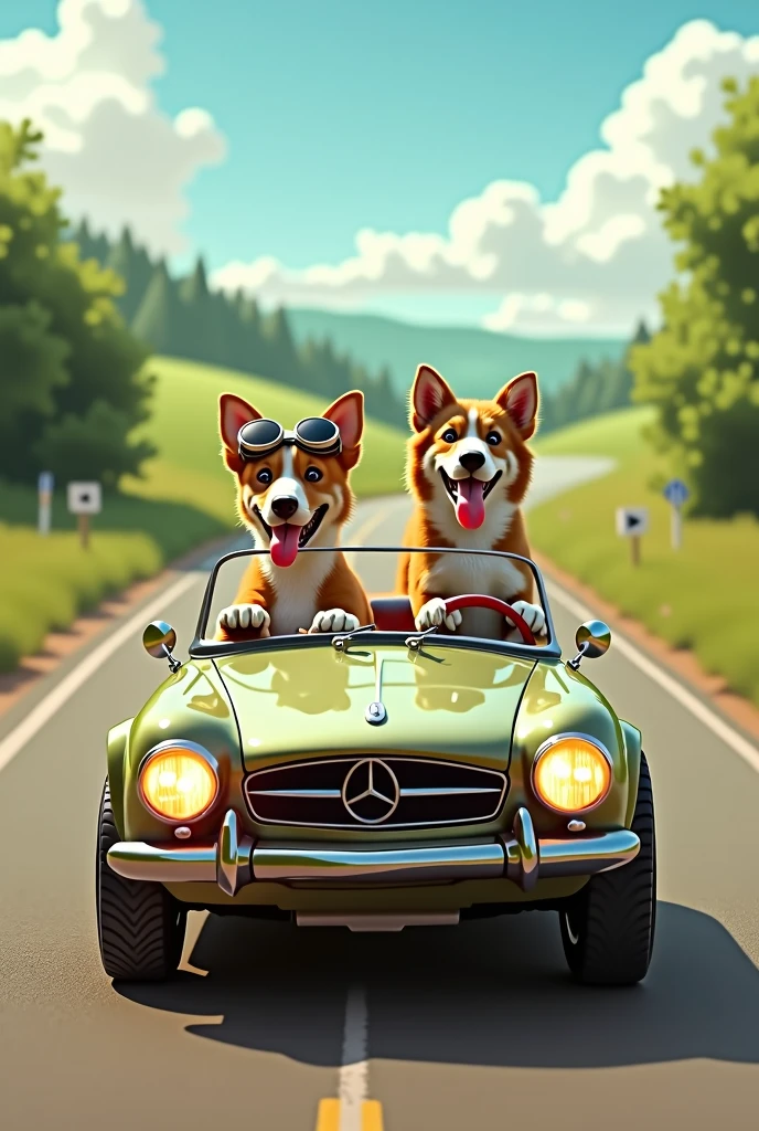 A car with two dogs driving 