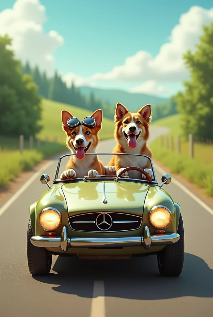 A car with two dogs driving 