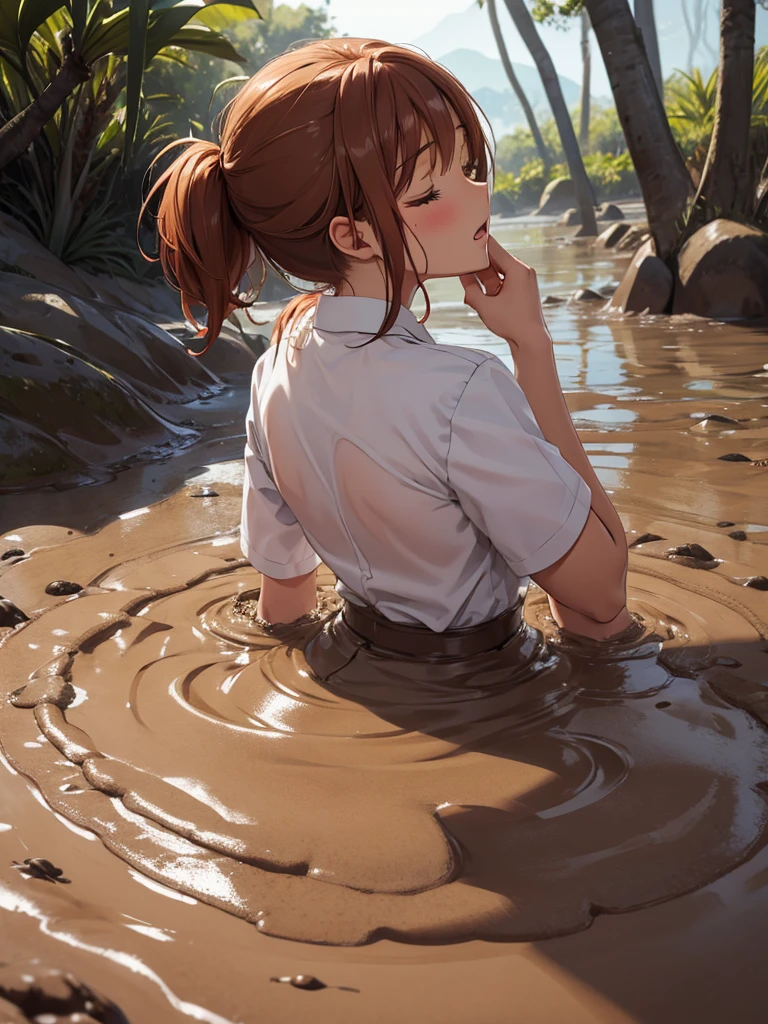 1girl, solo, masterpiece, best quality, high res, highly detailed, (illustration), eyes closed, yuigahama yui, ginger hair ponytail, glossy lips, light makeup, orgasm, open mouth, intimate moment, school shirt, torso, (quicksand:1.4), (from back or side:1.0), bog, swampy, arched back, (headback:0.8), dirty, muddy, soiled, 