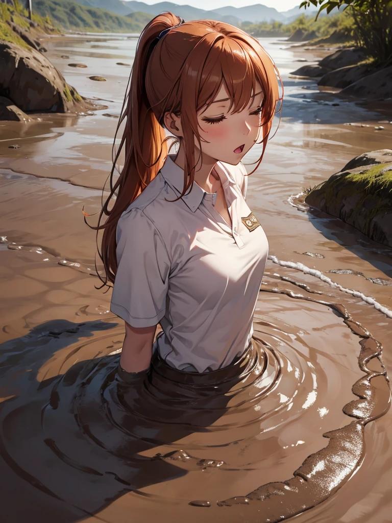 1girl, solo, masterpiece, best quality, high res, highly detailed, (illustration), eyes closed, yuigahama yui, ginger hair ponytail, glossy lips, light makeup, orgasm, open mouth, intimate moment, school shirt, torso, (quicksand:1.4), (from back or side:1.0), bog, swampy, arched back, (headback:0.8), dirty, muddy, soiled, 