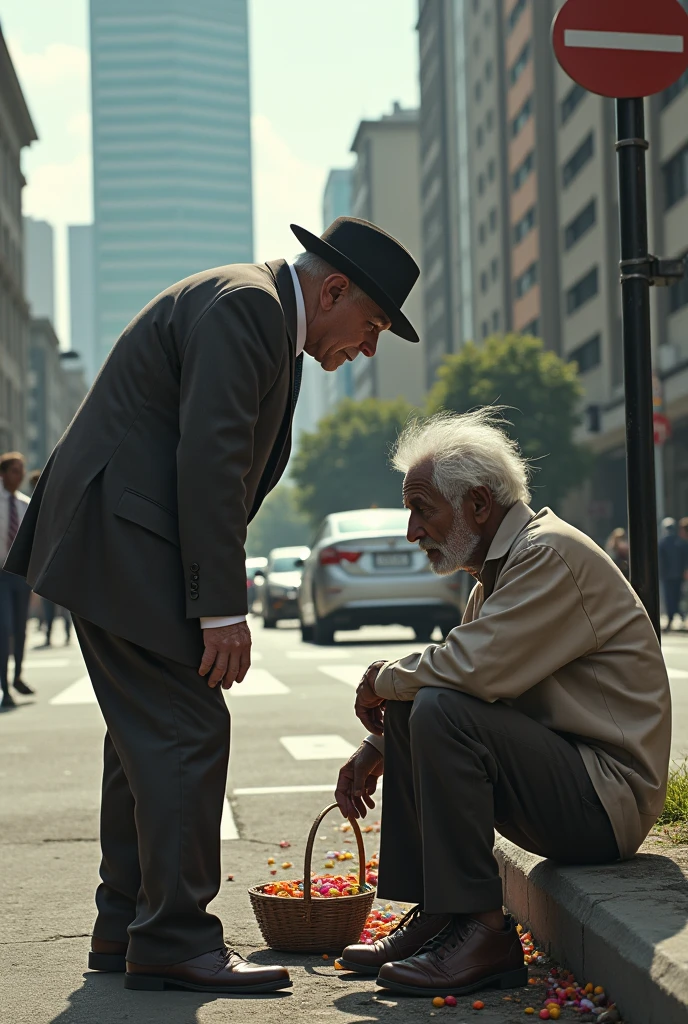 Now please make a man from the Brazilian communist party offer a job as a pamphleteer to an elderly white beggar who was selling candy at the traffic lights.